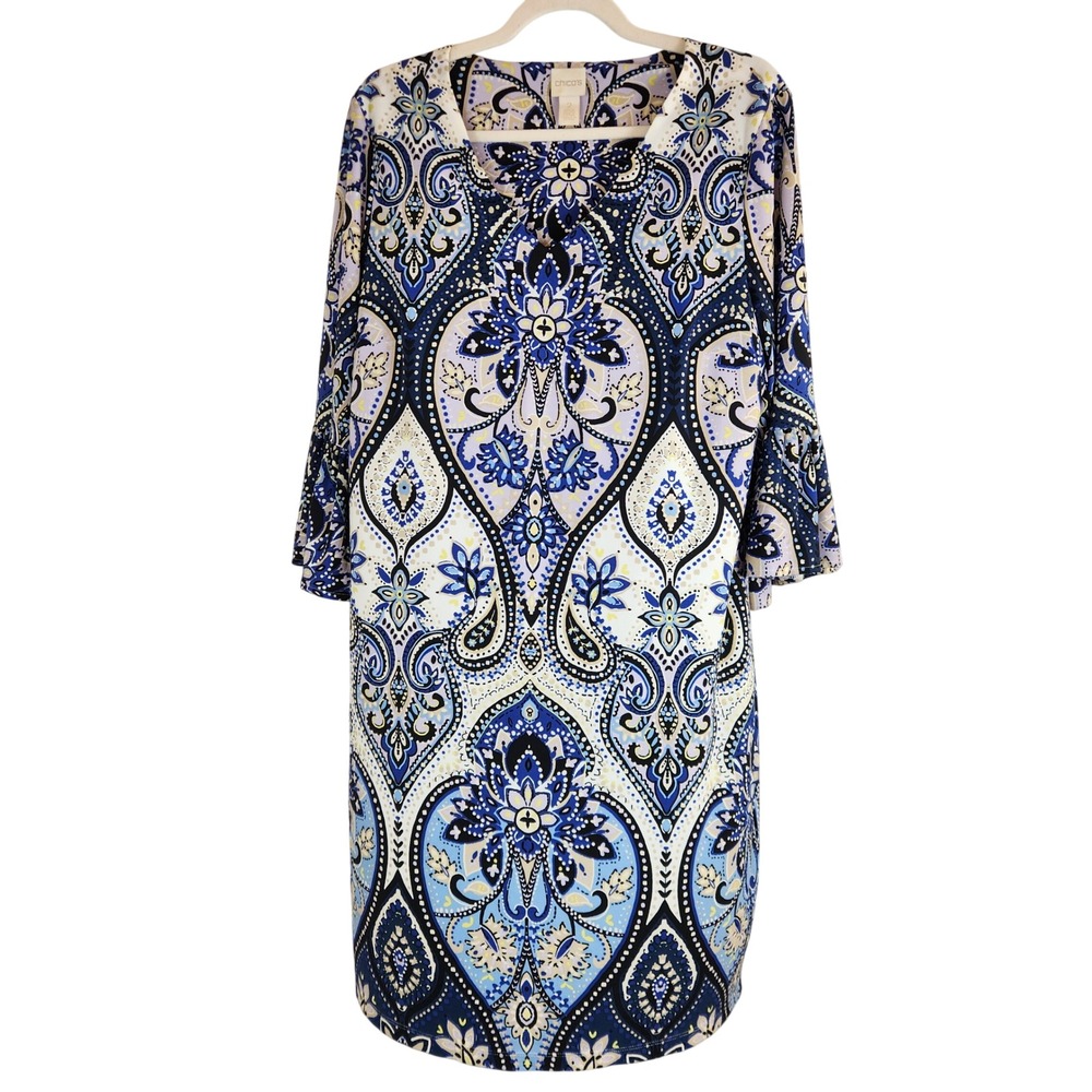 Chico's Sz 2 Blue Paisley Bell Sleeve Shift Dress Womens Large Stretch Travel